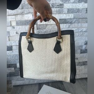 CHIARA FERRETTI Italy Leather Basket Weave Satchel Cream Black   Tote